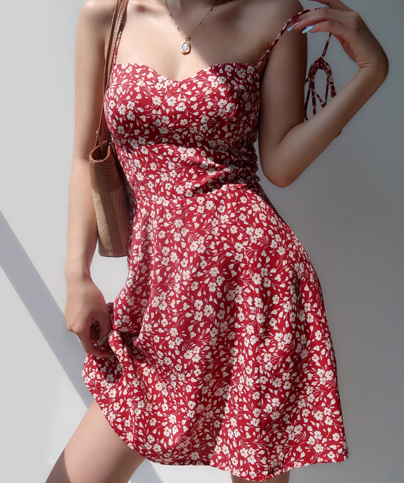 Retro girl red floral suspender skirt slim fit waist strappy short skirt holiday dress R2804