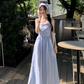 Fairy romantic French blue plaid long skirt tube top temperament design sling dress R1701