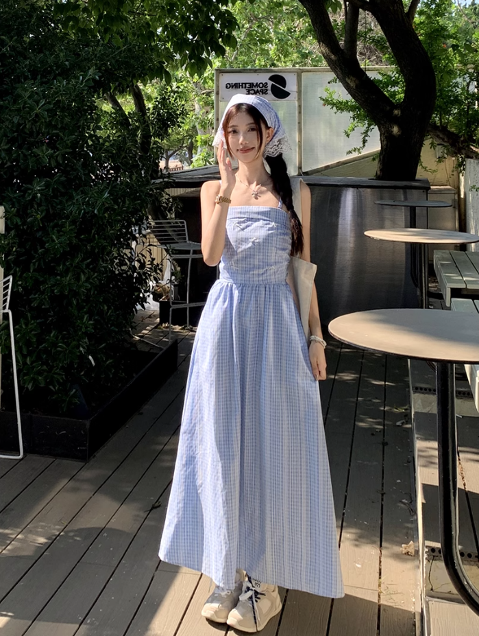 Fairy romantic French blue plaid long skirt tube top temperament design sling dress R1701