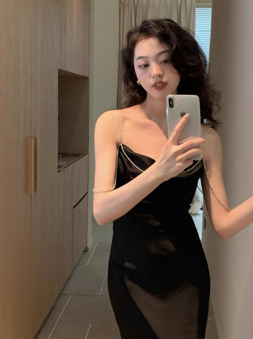 French silky satin sling dress sexy backless slit holiday beach dress R1521