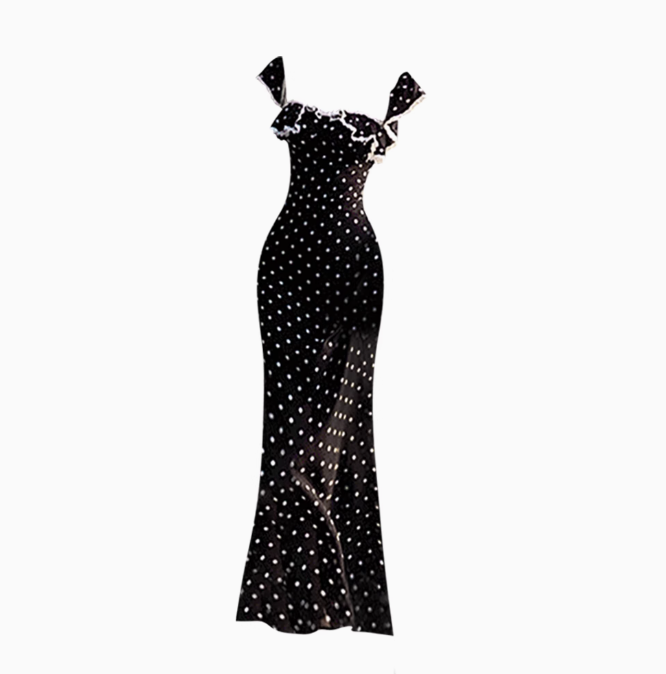 French retro lace ruffled polka dot dress 2025 slim holiday long dress R1158