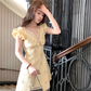 Yellow mid-length v-neck small fragrance temperament beaded bow dress summer skirt R4741