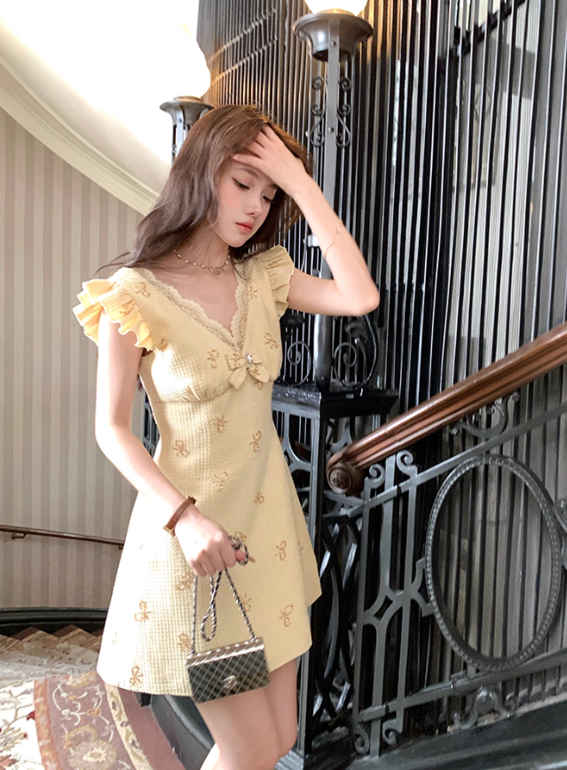 Yellow mid-length v-neck small fragrance temperament beaded bow dress summer skirt R4741