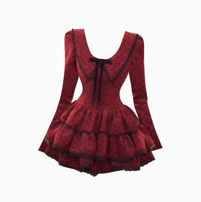 French retro polka dot contrast color dress new 2025 waist puffy cake skirt R1361