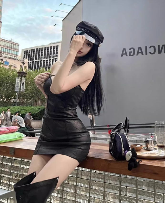 Sexy hot girl tube top waist dress 2025 large size high-end street hip leather R1115