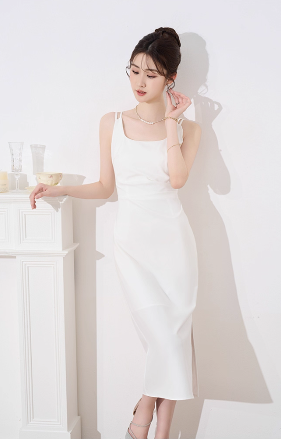 French dress new summer design niche temperament white suspender skirt long slim skirt R4382