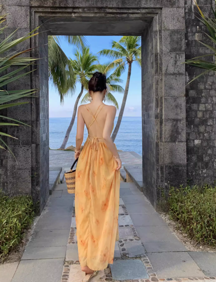 Vacation wear backless long dress beach dress island style suspender dress beach dress R1604