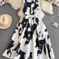 Temperament vest long skirt light luxury round neck waist sleeveless a-line print big swing dress R0398