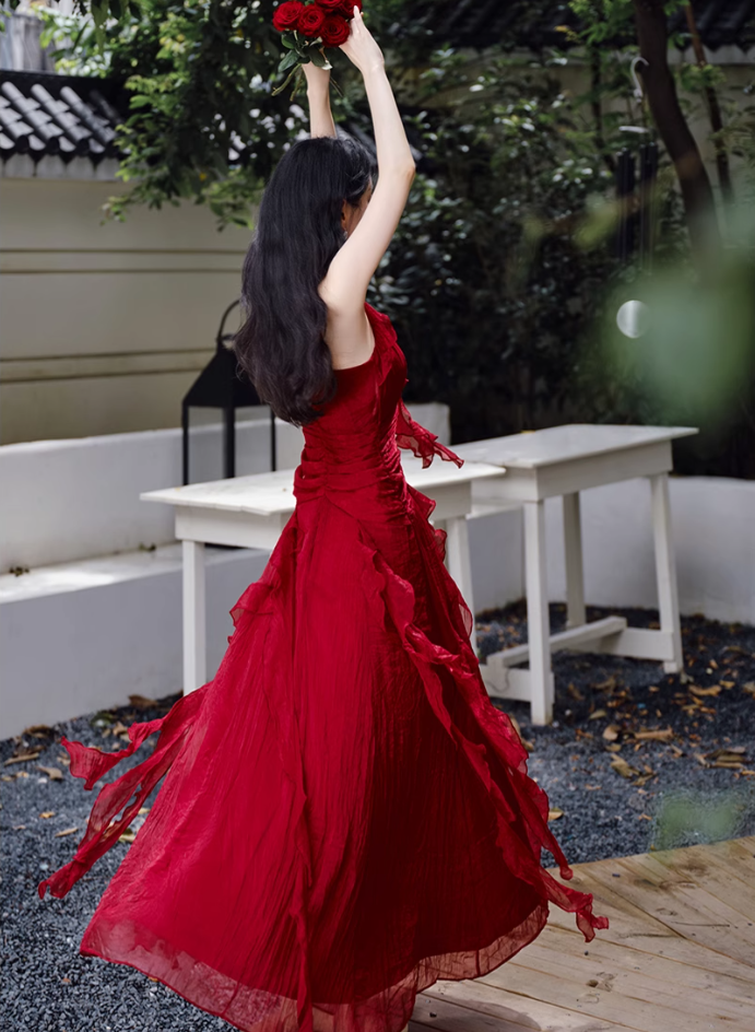 Fairy French retro red dress high-end dress ruffled sling beach dress R1714