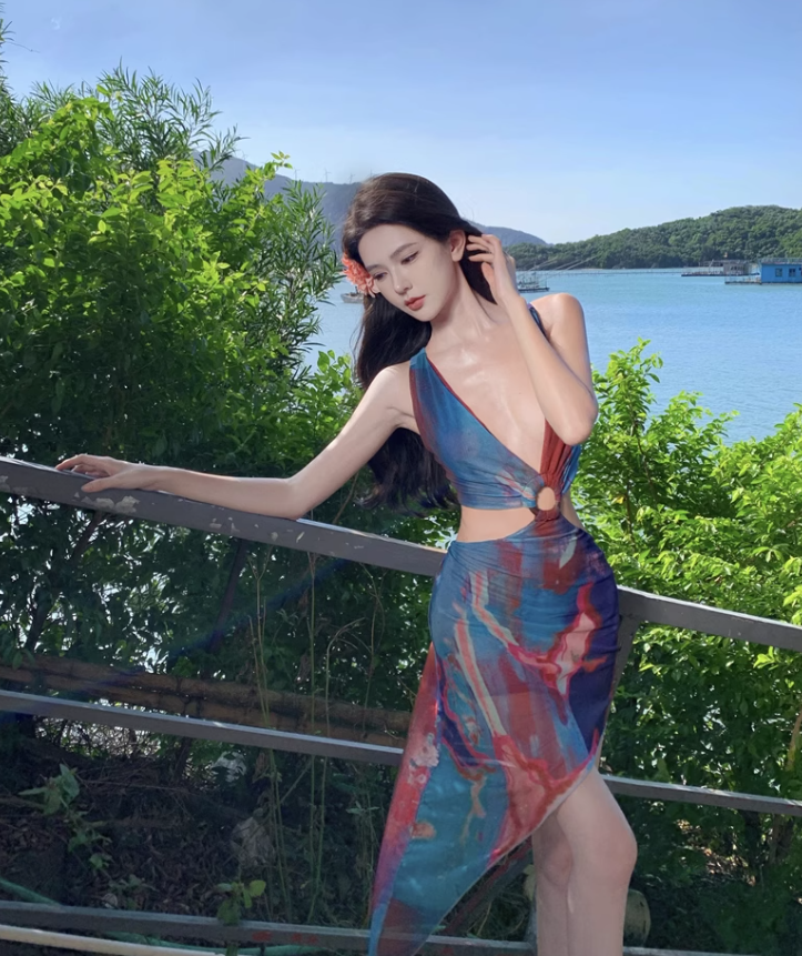 Ultra-low deep V elastic waist-revealing mesh dress hip skirt sexy seaside holiday outfit R1632