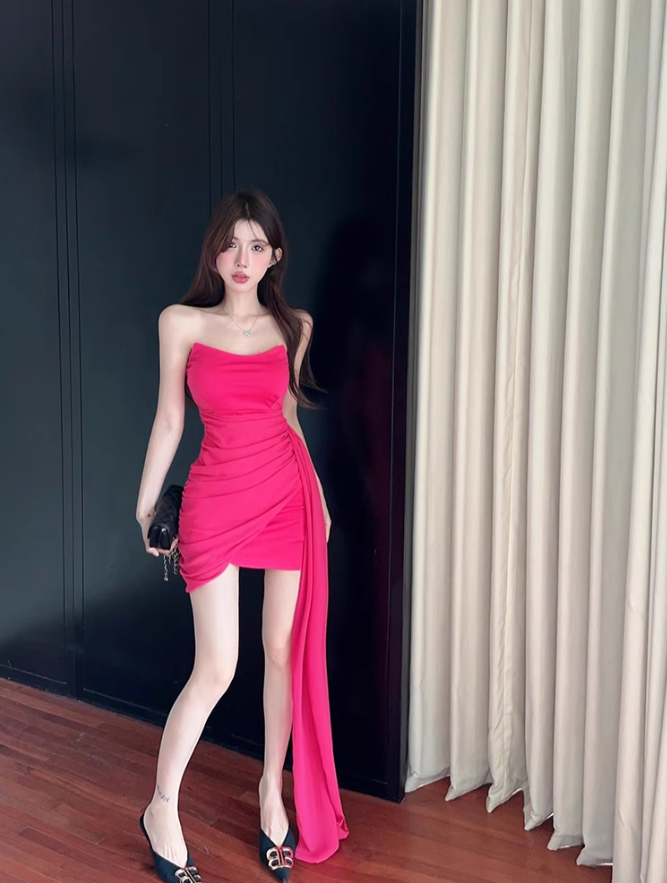 One-shoulder tube top dress niche design ribbon slim hip-hugging small gift skirt R0560