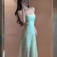 Gentle mint green jacquard suspender dress beautiful atmosphere small skirt R0806
