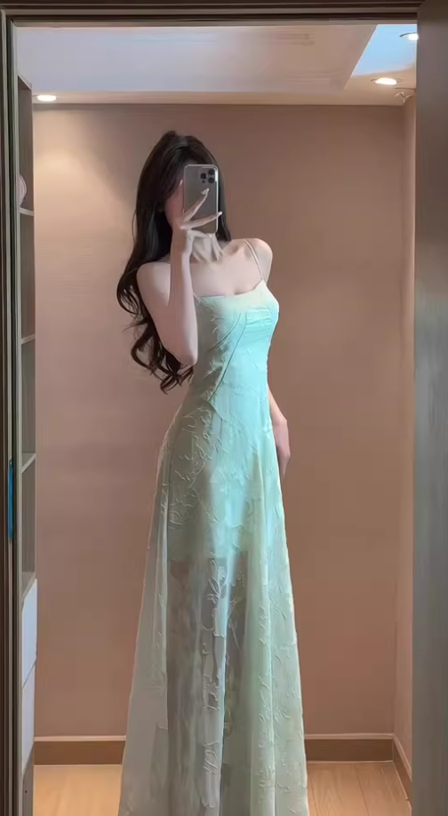 Gentle mint green jacquard suspender dress beautiful atmosphere small skirt R0806