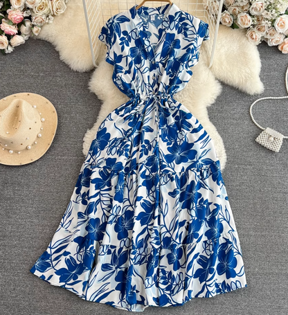 High-end, light luxury temperament flying sleeves V-neck waist slimming A-line ruffled printed dress R0353