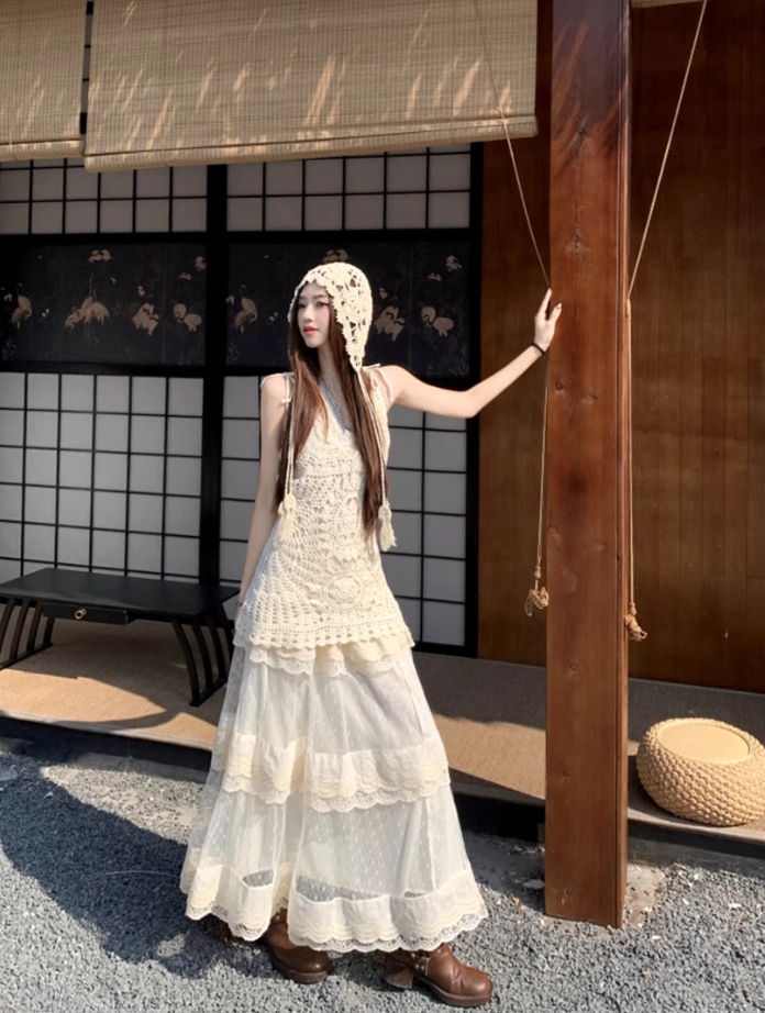 Fairy temperament wear a complete set of lace suspenders knitted vest skirt layered wear R1734