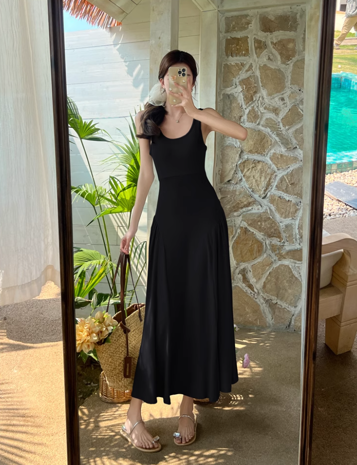 Temperament I-shaped vest dress design niche waist-revealing long skirt R0663