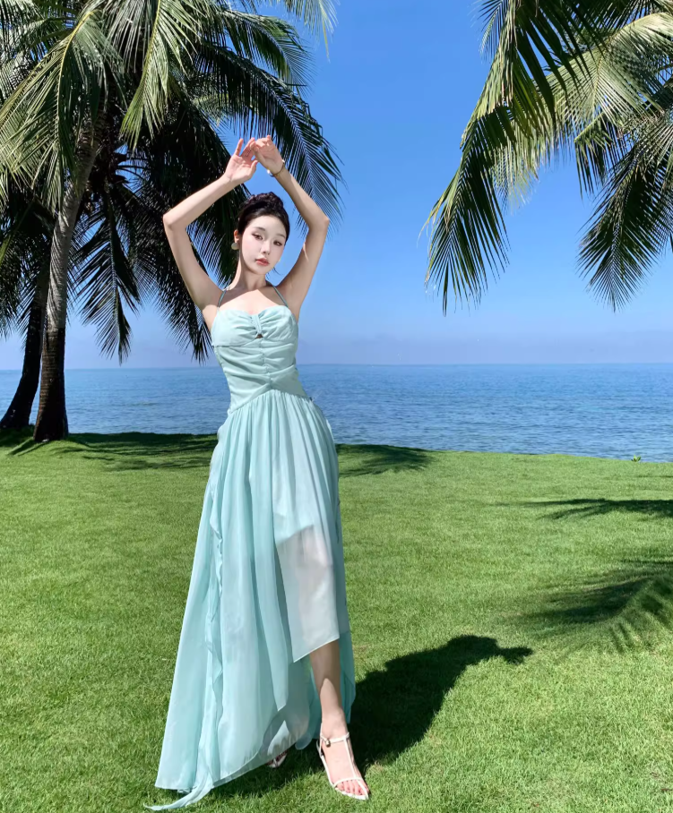 Travel wear fairy air backless dress seaside vacation dopamine green fairy long skirt R1594