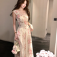 Long waist square neck printed suspender dress for women summer French temperament skirt R4745