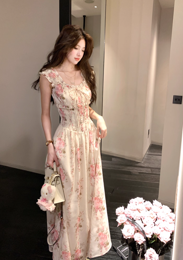 Long waist square neck printed suspender dress for women summer French temperament skirt R4745