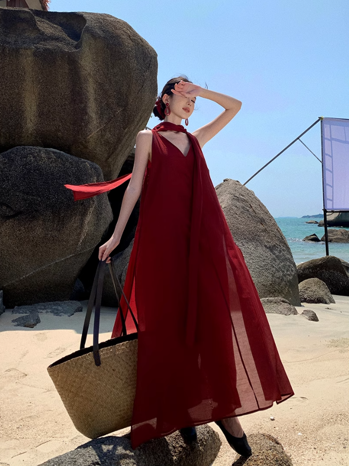 Fairy Island Travel Outfit Halter Neck V-Neck Dress Beach Dress Loose Casual Long Dress R1732