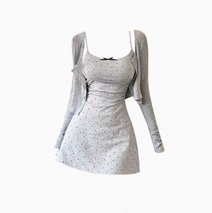 Pure desire knitted cardigan 2025 sweet and spicy polka dot suspender dress set R1135