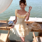 Yellow square neck puff sleeve waist dress summer French retro temperament skirt R4869