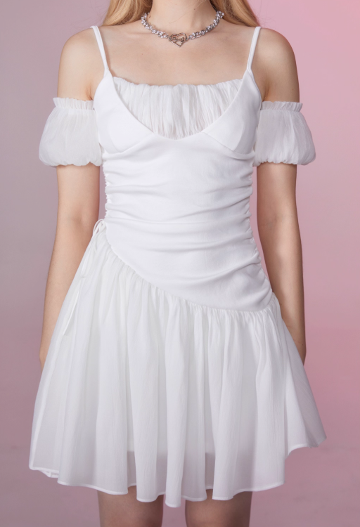 White Moonlight Pleated Tie Waist Off-Shoulder Puff Sleeve Dress R5253