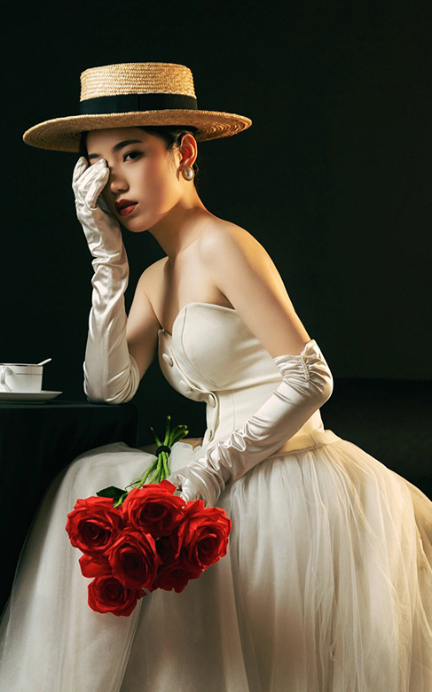 Off-white satin double row of beads wedding banquet dinner gloves     S6242