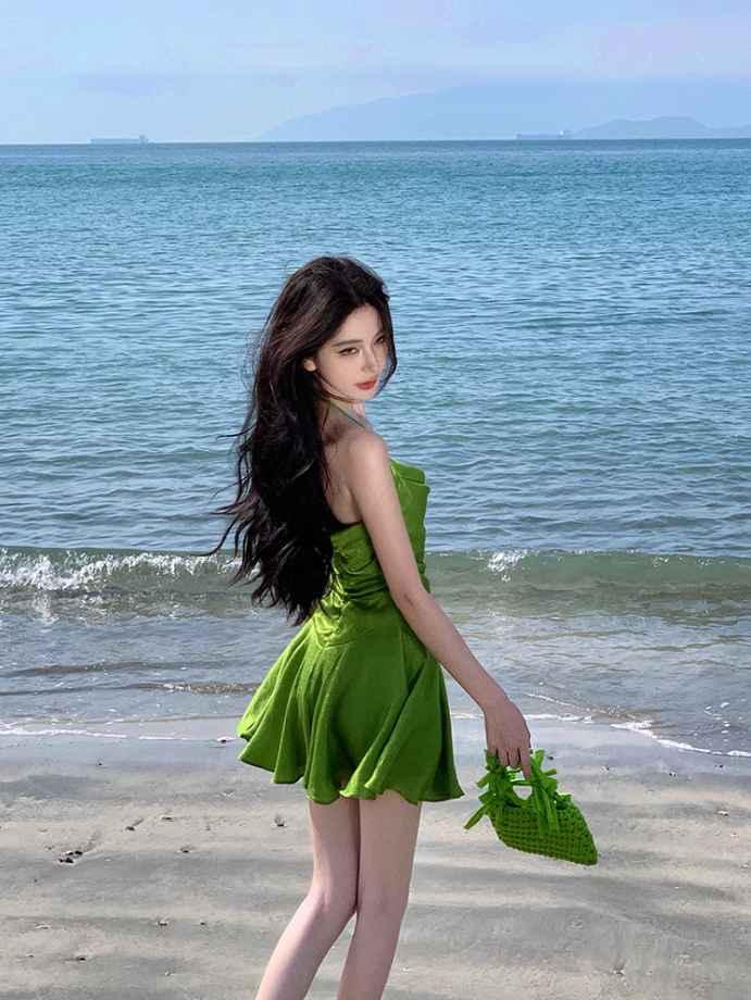 French green halter neck short skirt dopamine holiday style slim waist a-line dress R1631