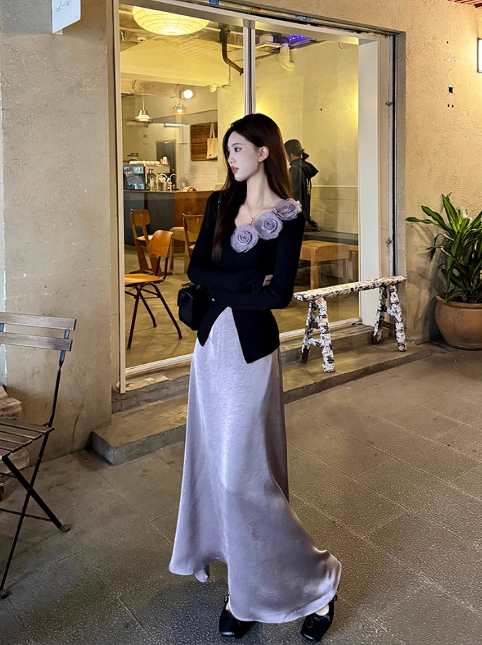 Fairy three-dimensional rose French top high waist A-line skirt gentle outfit two-piece suit R1702