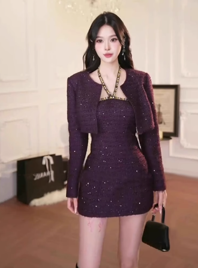 French Chanel style short jacket 2025 thousand gold feeling halter neck tube top dress suit R1375