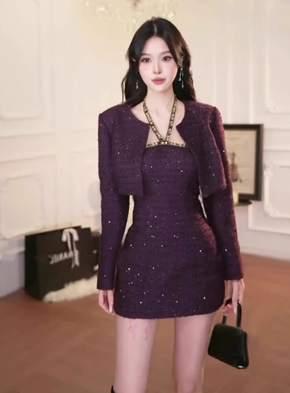 French Chanel style short jacket 2025 thousand gold feeling halter neck tube top dress suit R1375