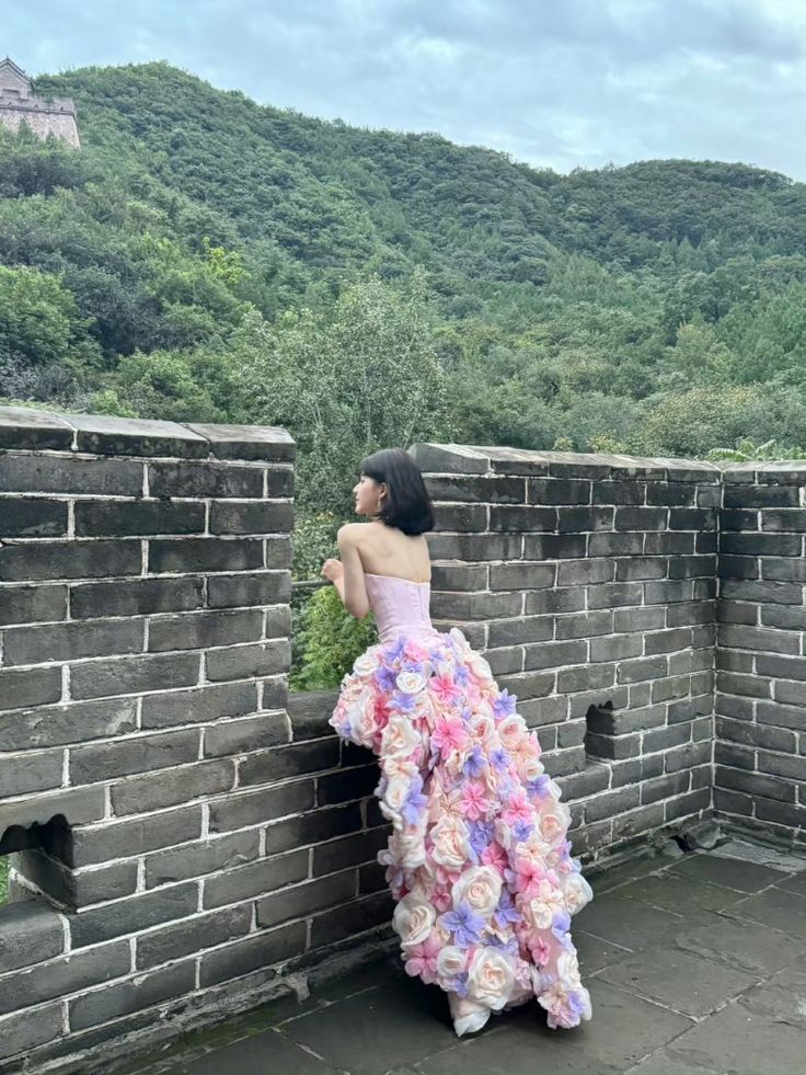 Pink tube top slim waist three-dimensional flower irregular skirt dress, prom dress R5295