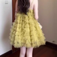Yellow mesh suspender dress niche gentle temperament A-line puffy short skirt R0779