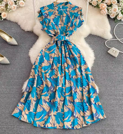Gentle style stand-up collar, slim waist, printed A-line long swing dress 2025 high waist elegant long skirt R0359