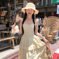 Yellow long small flying sleeve waist suspender dress summer French A-line sweet style skirt R4697