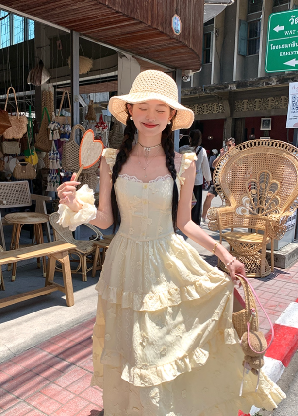 Yellow long small flying sleeve waist suspender dress summer French A-line sweet style skirt R4697
