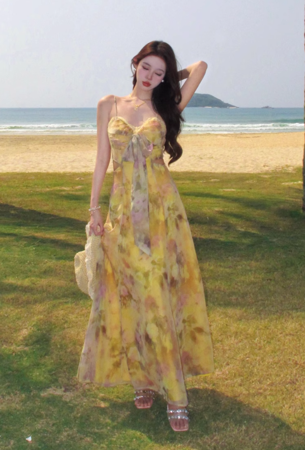 Yellow gradient floral suspender dress with gentle temperament and slim waist R0681