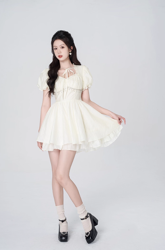 Gentle style cream yellow dress women's summer new style skirt high-end puffy short skirt R4456