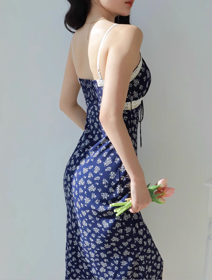 French retro floral suspender dress with slim waist and lace short skirt R2858