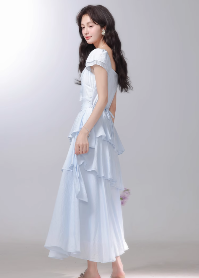 2025 French style blue dress holiday style cake long dress R1940