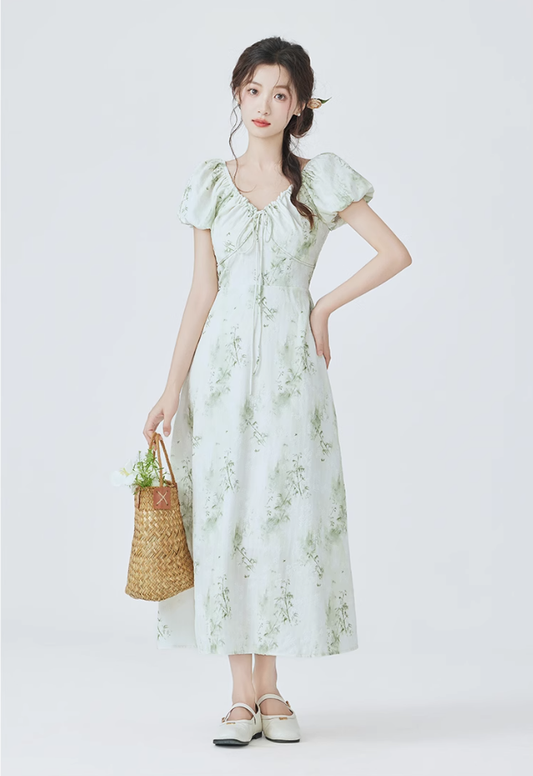 French floral dress new tea break beautiful dress waist long dress temperament R2363