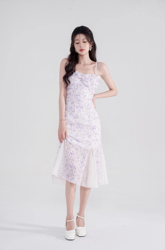 French design niche fishtail skirt sweet pure desire mid-length skirt purple floral suspender dress R4145