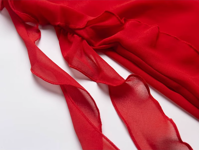 2025 summer new red irregular sexy ruffled seaside holiday dress R0980