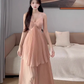 Gentle style pink halter neck suspender dress with beautiful atmosphere R0821