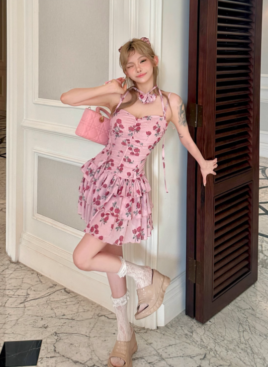 Rose mesh lotus leaf cake skirt waist strap dress R5254