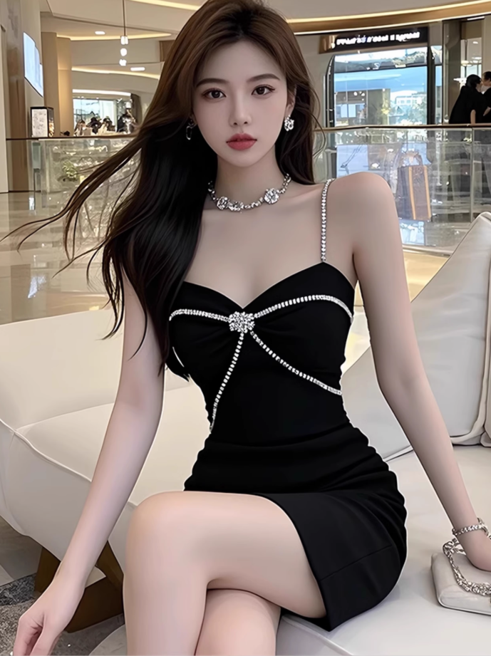 Hepburn style celebrity niche party dress dress female summer new high-end sling hip skirt R3387