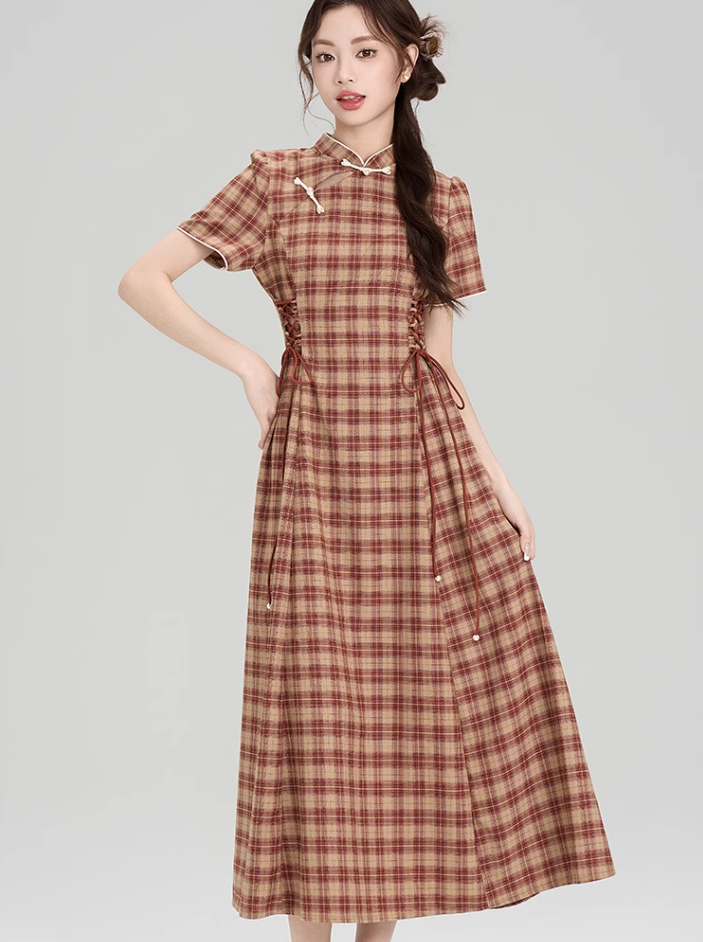 New Chinese style cheongsam dress new slim retro plaid long skirt R2407