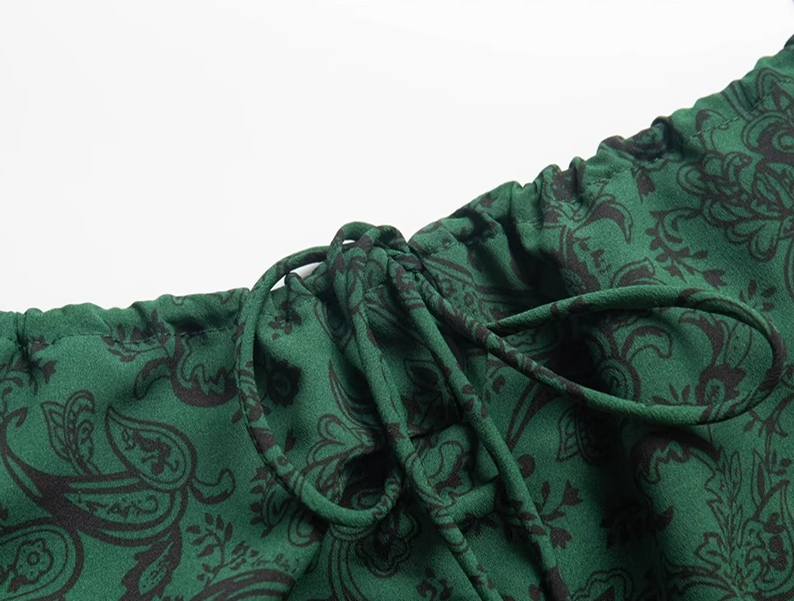 2025 Summer New Retro Sexy Floral Green A-line Short Suspender Dress R0934