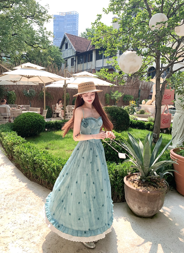Blue long waist A-line suspender dress women's summer French temperament skirt R4870